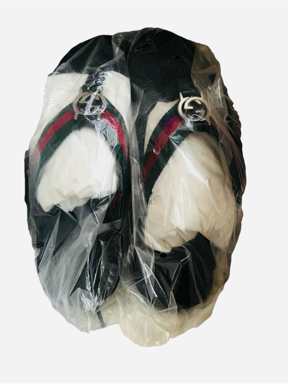 Gucci Black Slide Sandals with Red & Green Web and Silver Double G